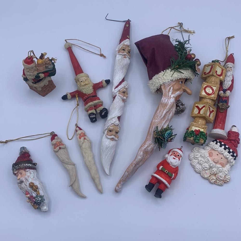 Bundle of Vintage Santa Claus Christmas Tree Ornaments Icicles Trinket Box